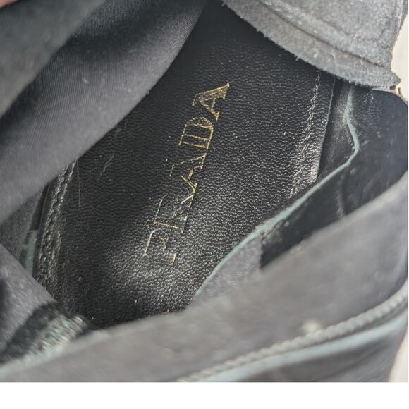 Prada Black Suede Knee High Stretch Boots Square Toe Flat Heel Women’s 37.5 - Picture 3 of 9